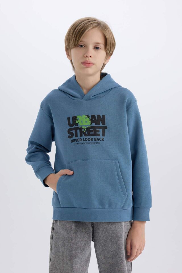 Erkek Çocuk Kapüşonlu Baskılı Cepli İçi Yumuşak Tüylü Sweatshirt