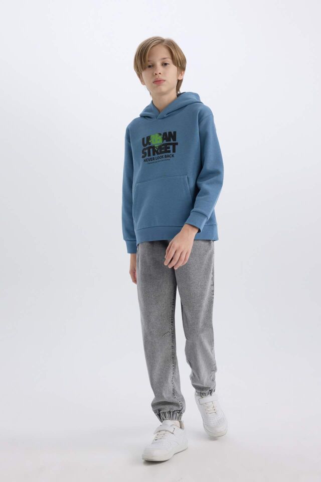 Erkek Çocuk Kapüşonlu Baskılı Cepli İçi Yumuşak Tüylü Sweatshirt