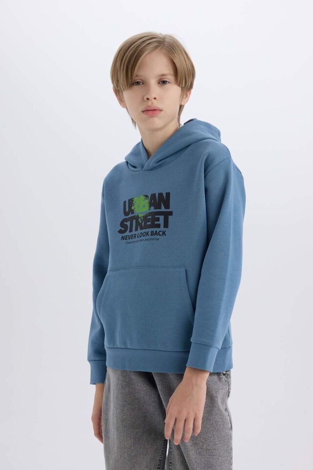 Erkek Çocuk Kapüşonlu Baskılı Cepli İçi Yumuşak Tüylü Sweatshirt