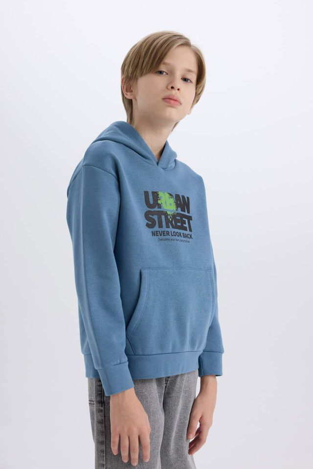 Erkek Çocuk Kapüşonlu Baskılı Cepli İçi Yumuşak Tüylü Sweatshirt