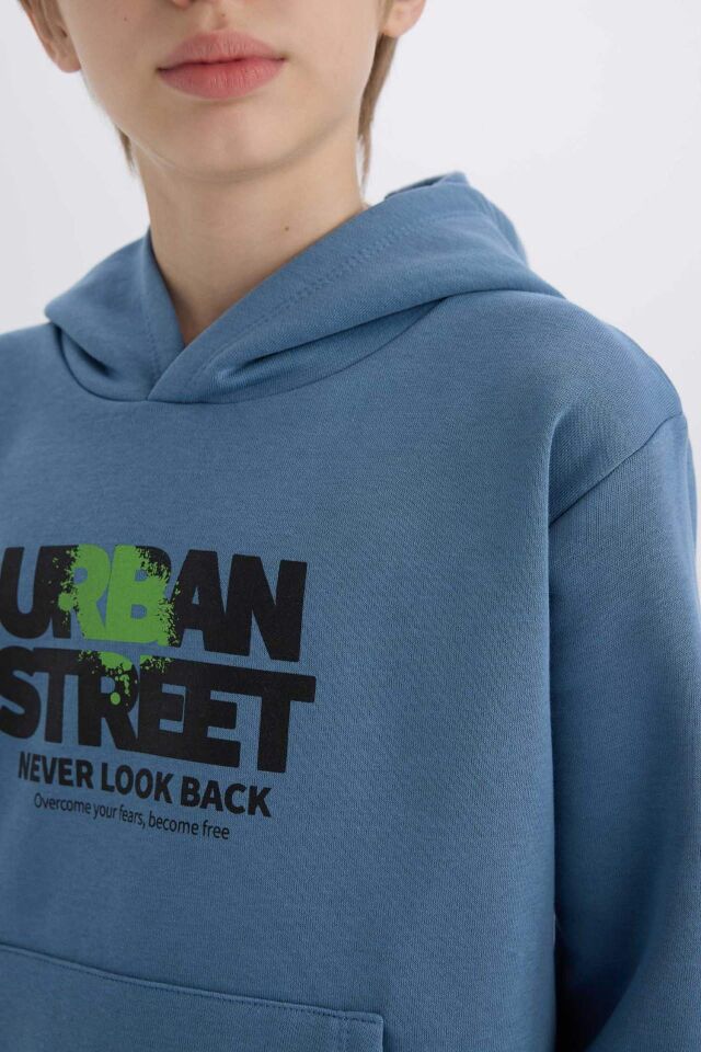 Erkek Çocuk Kapüşonlu Baskılı Cepli İçi Yumuşak Tüylü Sweatshirt