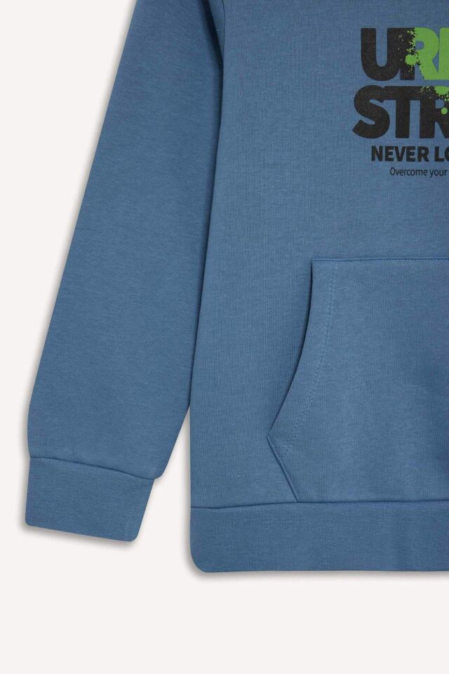 Erkek Çocuk Kapüşonlu Baskılı Cepli İçi Yumuşak Tüylü Sweatshirt