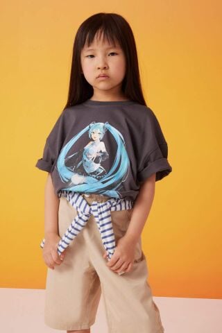 Kız Çocuk Hatsune Miku Oversize Geniş Kalıp Bisiklet Yaka Kısa Kollu Tişört