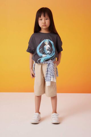 Kız Çocuk Hatsune Miku Oversize Geniş Kalıp Bisiklet Yaka Kısa Kollu Tişört