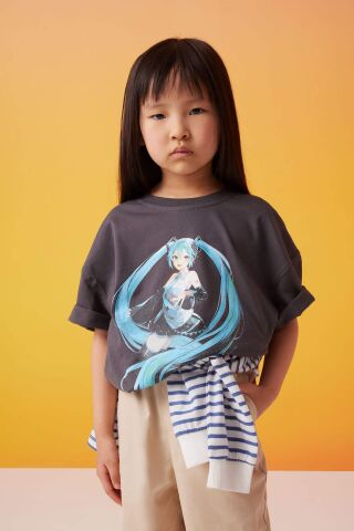 Kız Çocuk Hatsune Miku Oversize Geniş Kalıp Bisiklet Yaka Kısa Kollu Tişört