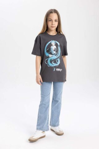 Kız Çocuk Hatsune Miku Oversize Geniş Kalıp Bisiklet Yaka Kısa Kollu Tişört