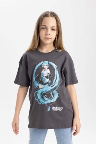 Kız Çocuk Hatsune Miku Oversize Geniş Kalıp Bisiklet Yaka Kısa Kollu Tişört