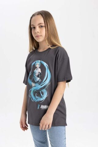 Kız Çocuk Hatsune Miku Oversize Geniş Kalıp Bisiklet Yaka Kısa Kollu Tişört