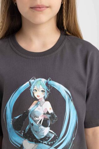 Kız Çocuk Hatsune Miku Oversize Geniş Kalıp Bisiklet Yaka Kısa Kollu Tişört
