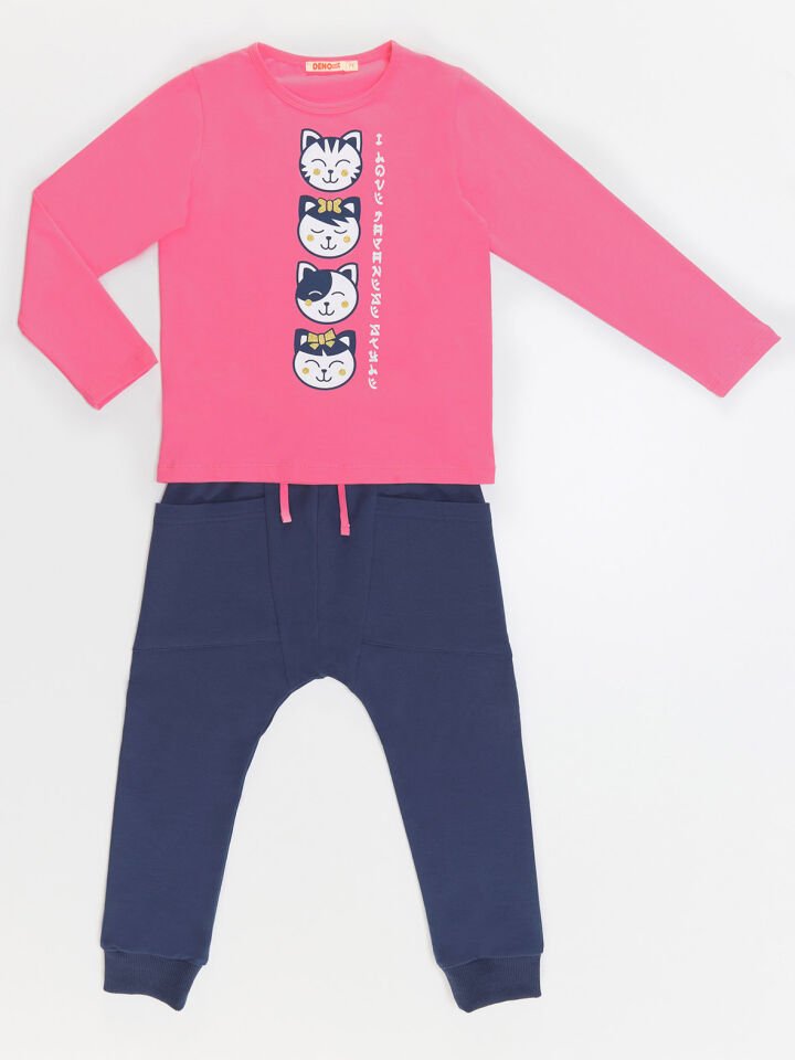 Japan Cats Kız Çocuk T-shirt Pantolon Takım 6 Y - Pembe, Lacivert