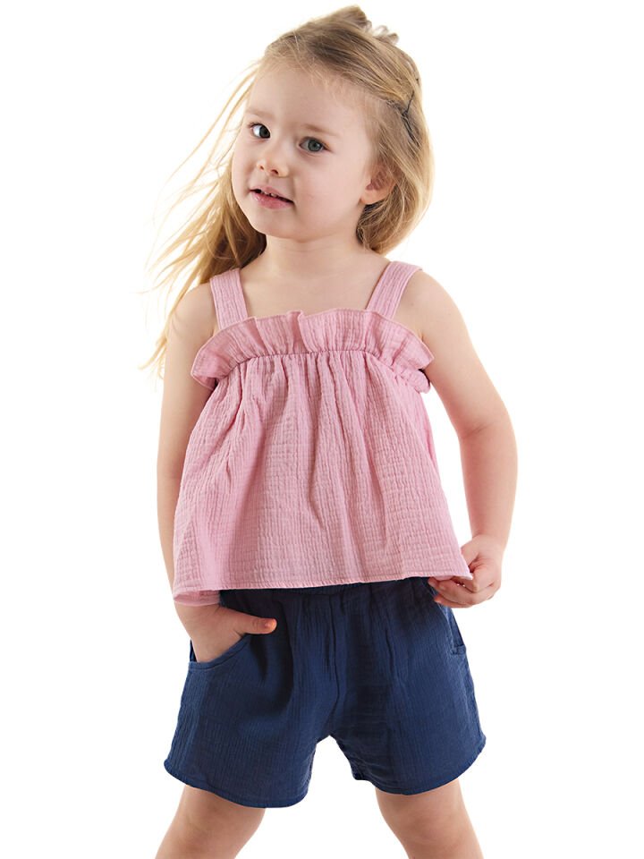 Kız Bebek Çocuk Pembe Müslin Bluz Şort Takım 24-36 M - Pembe, Lacivert