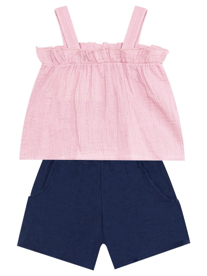 Kız Bebek Çocuk Pembe Müslin Bluz Şort Takım 24-36 M - Pembe, Lacivert
