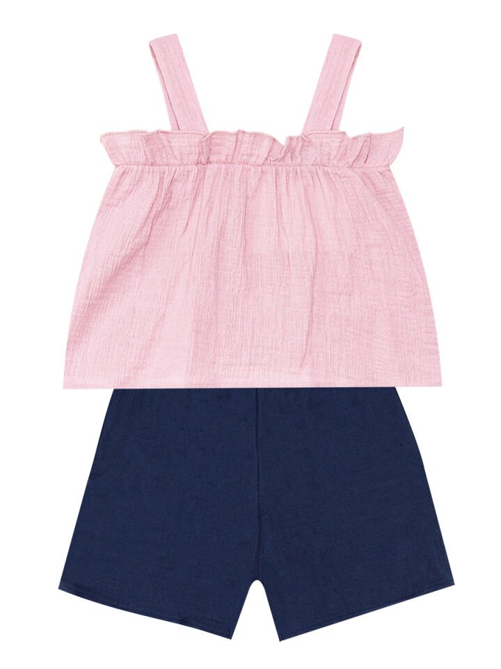 Kız Bebek Çocuk Pembe Müslin Bluz Şort Takım 24-36 M - Pembe, Lacivert