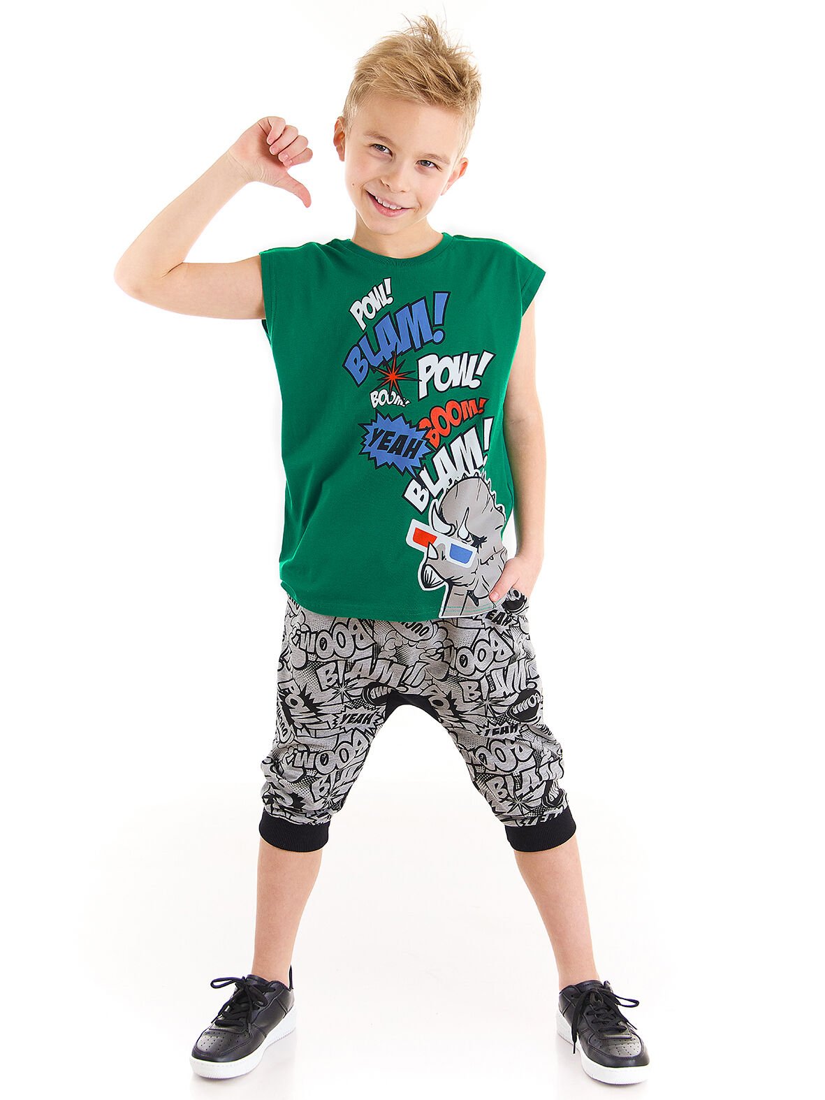Comics Dino Erkek Çocuk T-shirt Kapri Şort Takım 4 Y - Gri, Yeşil