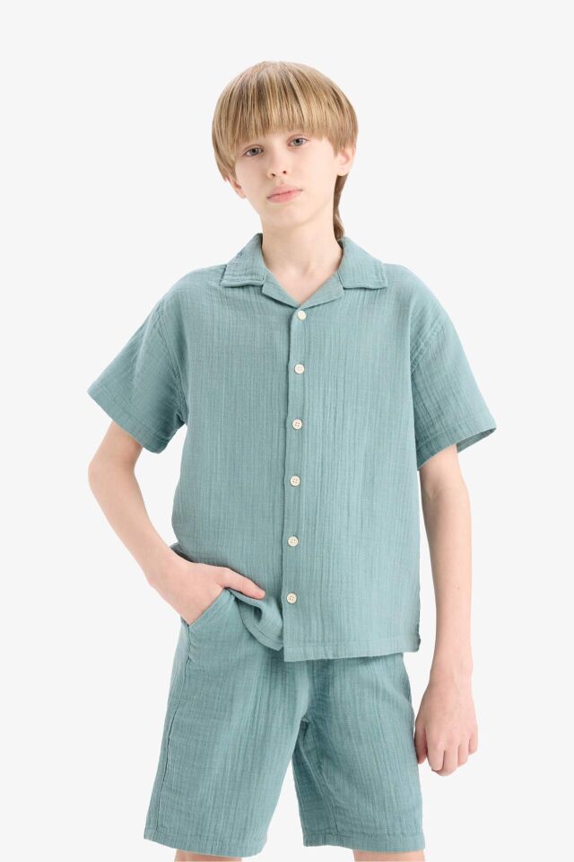 Erkek Çocuk Oversize Geniş Kalıp Polo Yaka Müslin Kısa Kollu Gömlek