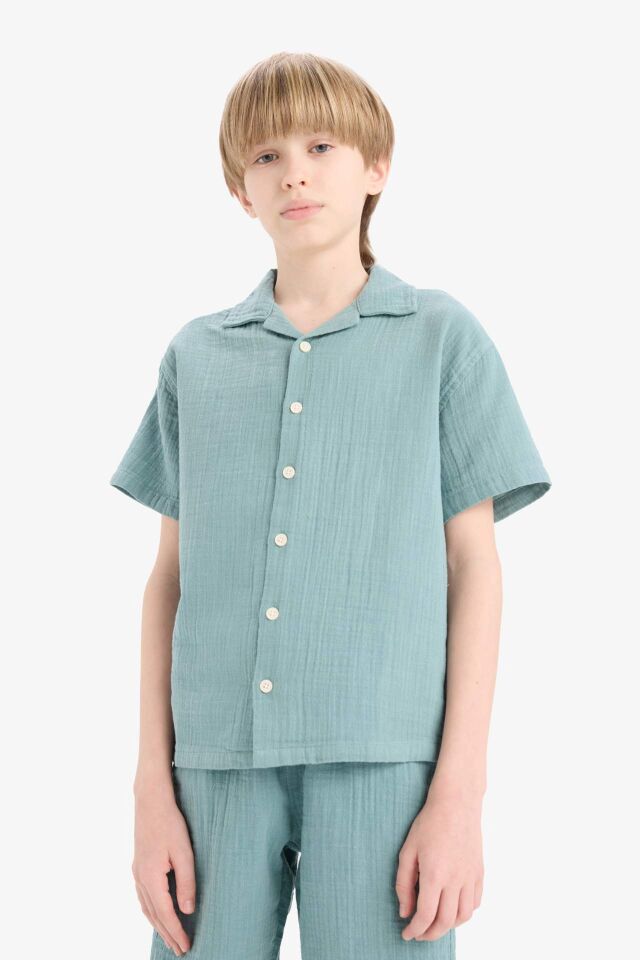 Erkek Çocuk Oversize Geniş Kalıp Polo Yaka Müslin Kısa Kollu Gömlek
