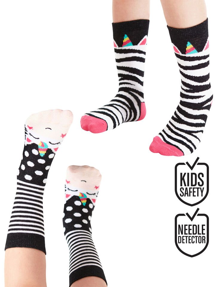 Zebracorn Kız Çocuk Soket Çorap 2'li Takım 6-7 Y - Siyah, Beyaz, Pembe