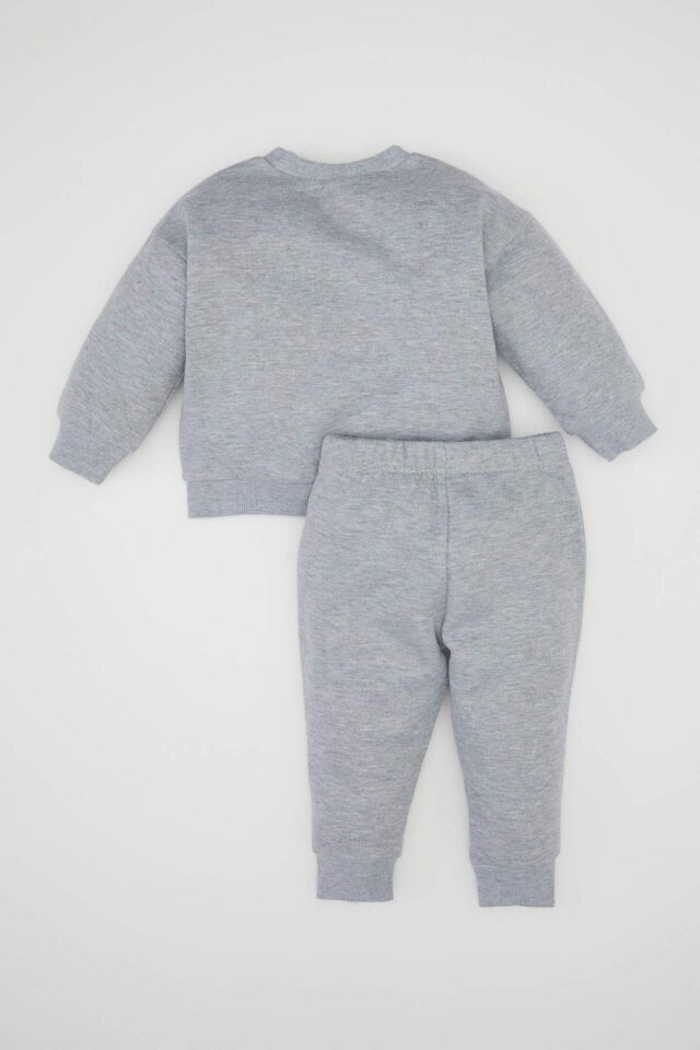 Erkek Bebek 2'li Takım Bisiklet Yaka Baskılı Sweatshirt Üst Beli Lastikli Jogger Eşofman Altı