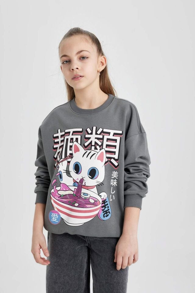 Kız Çocuk Oversize Geniş Kalıp Bisiklet Yaka Baskılı Sweatshirt