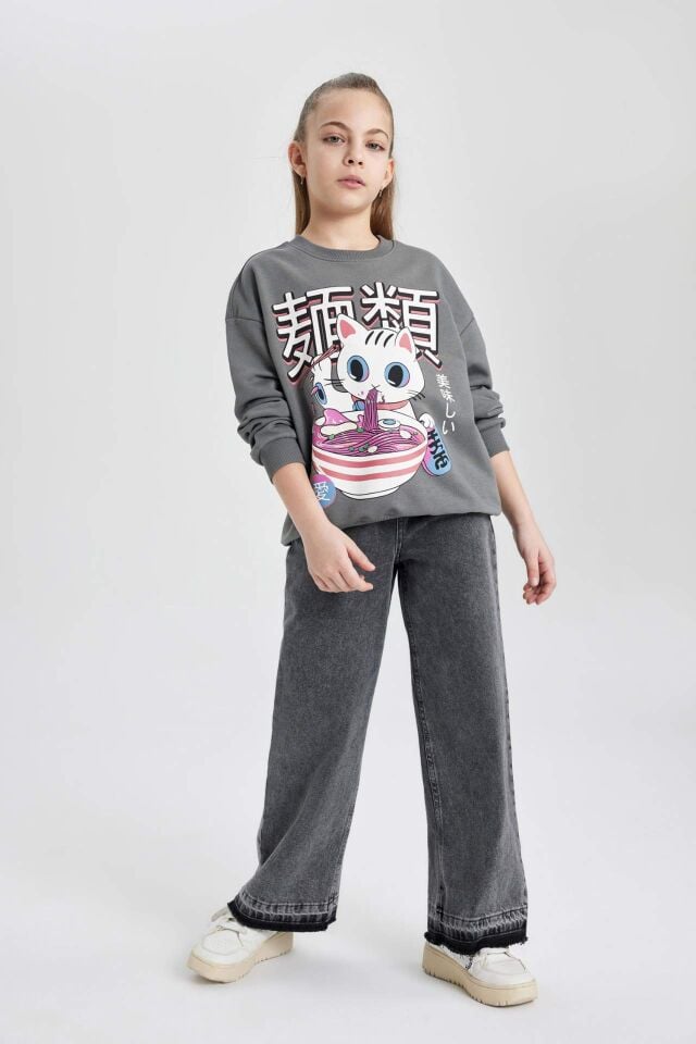 Kız Çocuk Oversize Geniş Kalıp Bisiklet Yaka Baskılı Sweatshirt