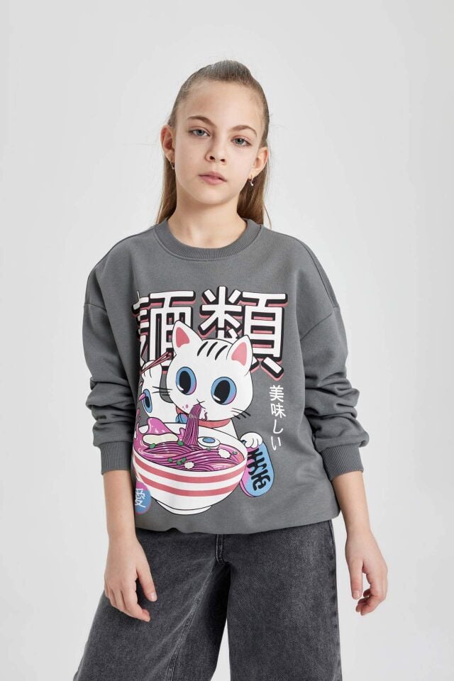 Kız Çocuk Oversize Geniş Kalıp Bisiklet Yaka Baskılı Sweatshirt