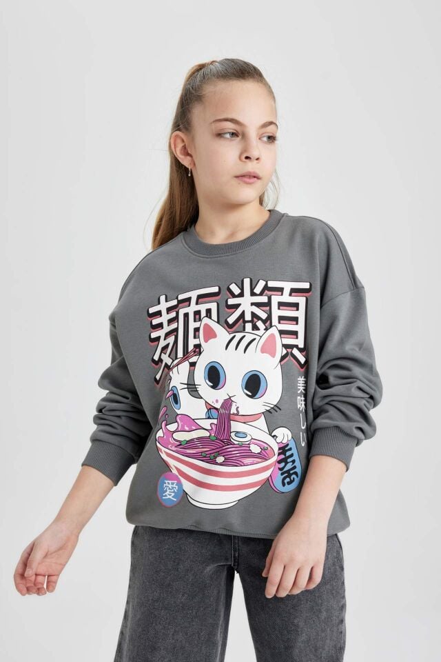 Kız Çocuk Oversize Geniş Kalıp Bisiklet Yaka Baskılı Sweatshirt