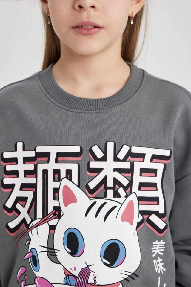 Kız Çocuk Oversize Geniş Kalıp Bisiklet Yaka Baskılı Sweatshirt