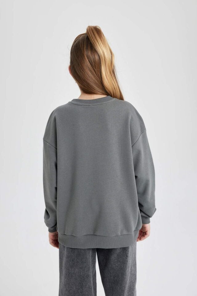 Kız Çocuk Oversize Geniş Kalıp Bisiklet Yaka Baskılı Sweatshirt