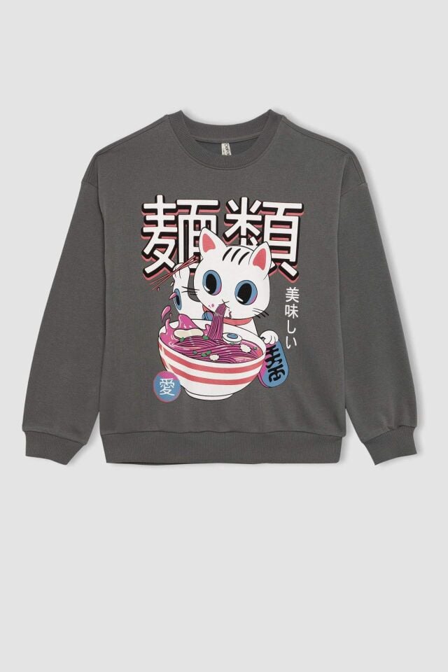 Kız Çocuk Oversize Geniş Kalıp Bisiklet Yaka Baskılı Sweatshirt