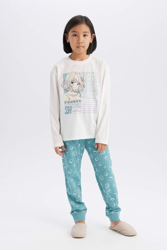 Kız Çocuk Pijama Takımı Uzun Kollu Üst Esnek Belli Uzun Alt