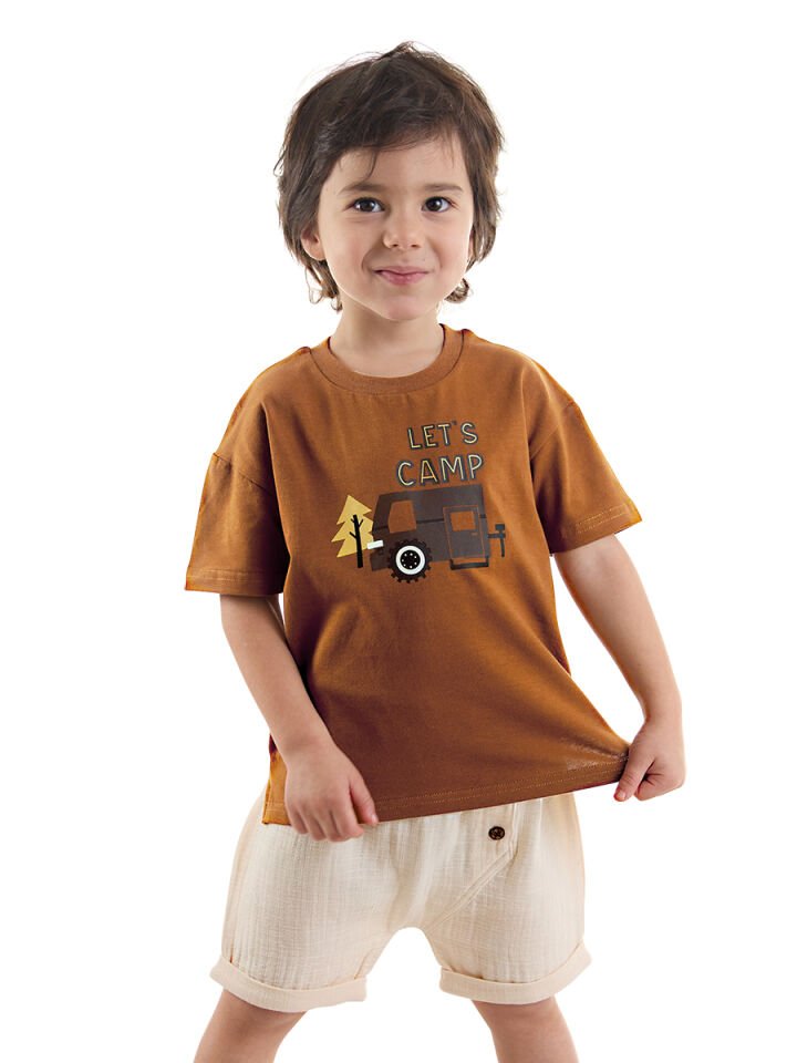 Erkek Bebek Çocuk Müslin Şort T-shirt Takım 12-18 M - Kahverengi, Krem