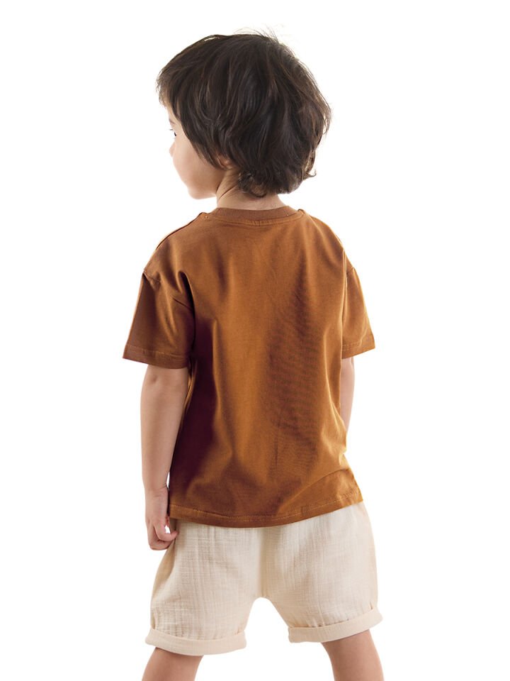 Erkek Bebek Çocuk Müslin Şort T-shirt Takım 12-18 M - Kahverengi, Krem