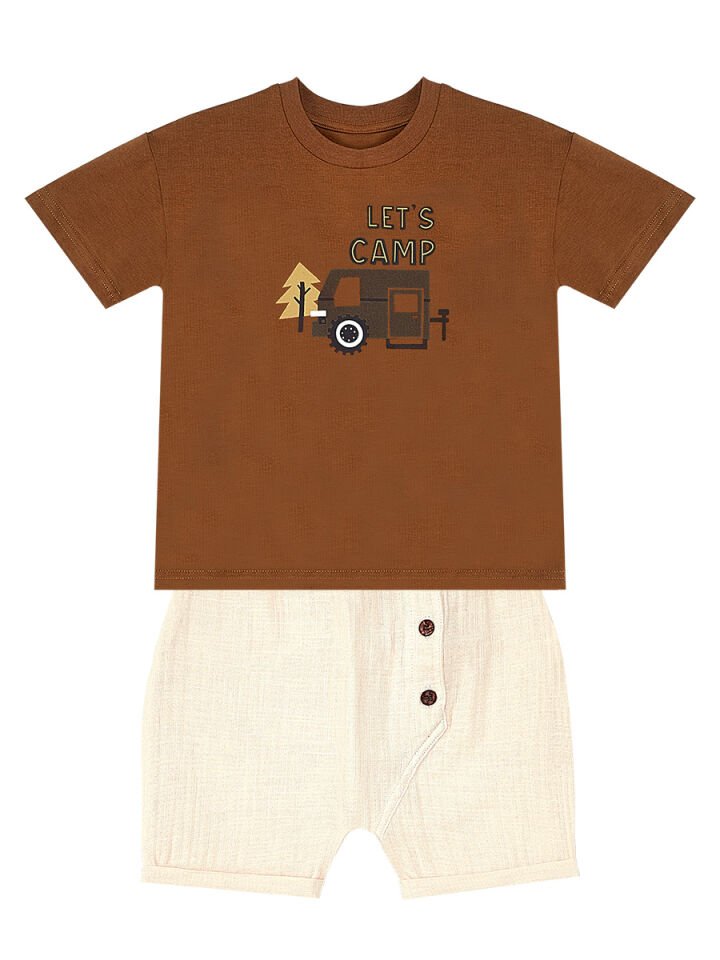 Erkek Bebek Çocuk Müslin Şort T-shirt Takım 18-24 M - Kahverengi, Krem