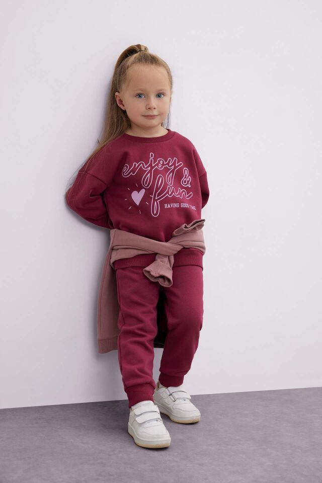 Kız Bebek 2'li Takım Baskılı Bisiklet Yaka Sweatshirt Üst Beli Lastikli Eşofman Altı