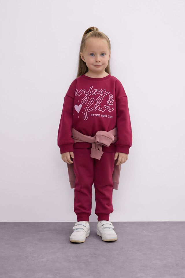 Kız Bebek 2'li Takım Baskılı Bisiklet Yaka Sweatshirt Üst Beli Lastikli Eşofman Altı