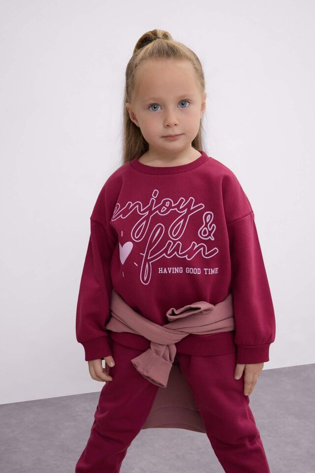 Kız Bebek 2'li Takım Baskılı Bisiklet Yaka Sweatshirt Üst Beli Lastikli Eşofman Altı