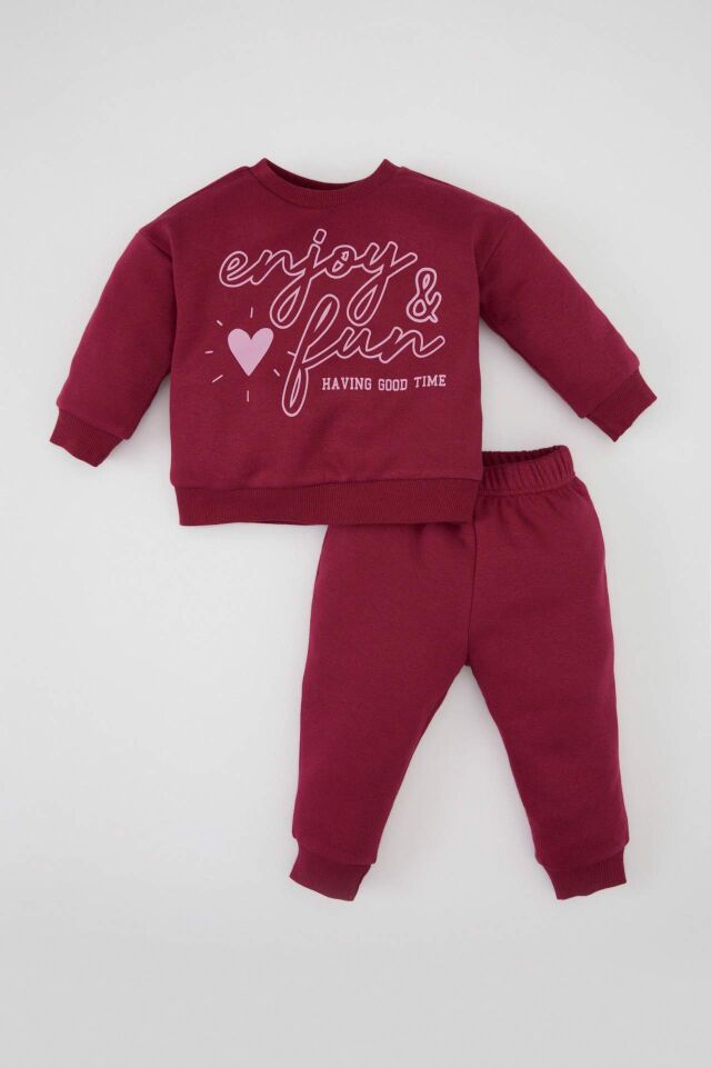 Kız Bebek 2'li Takım Baskılı Bisiklet Yaka Sweatshirt Üst Beli Lastikli Eşofman Altı