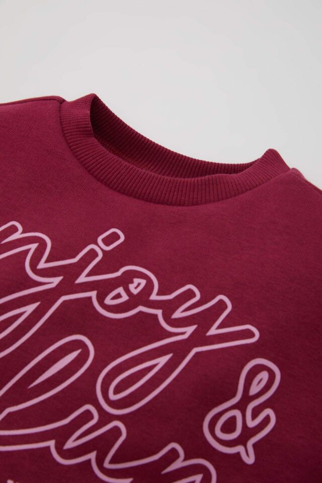 Kız Bebek 2'li Takım Baskılı Bisiklet Yaka Sweatshirt Üst Beli Lastikli Eşofman Altı