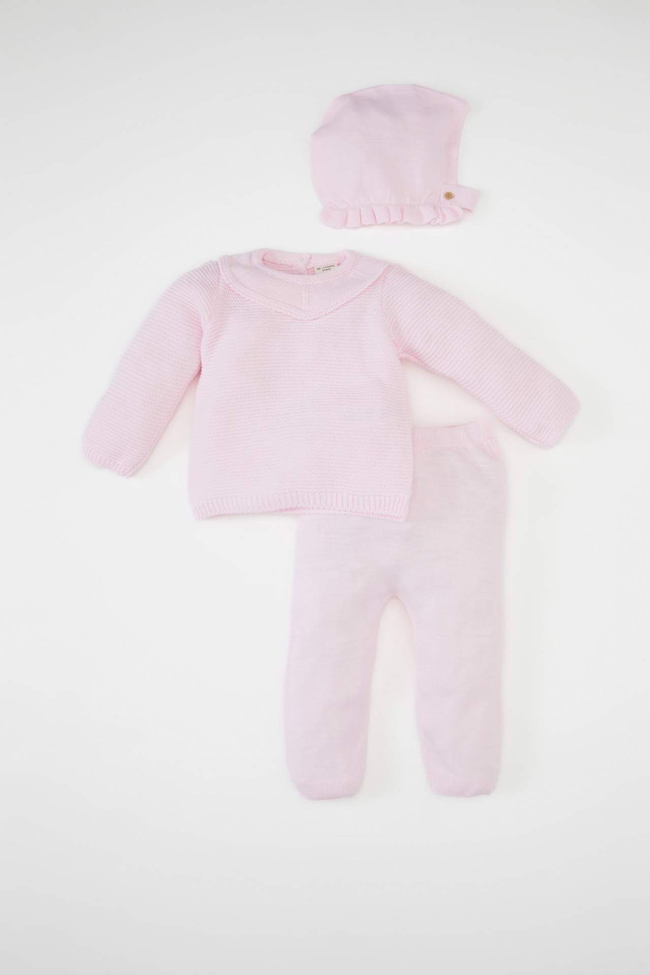 Kız Bebek 3'lü Takım Bisiklet Yaka Basic Düz Triko Kazak Beli Lastikli Alt Bere