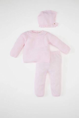Kız Bebek 3'lü Takım Bisiklet Yaka Basic Düz Triko Kazak Beli Lastikli Alt Bere