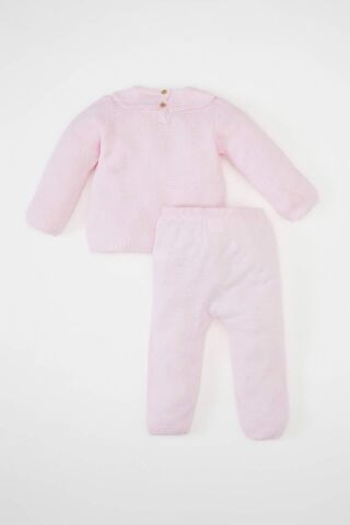 Kız Bebek 3'lü Takım Bisiklet Yaka Basic Düz Triko Kazak Beli Lastikli Alt Bere