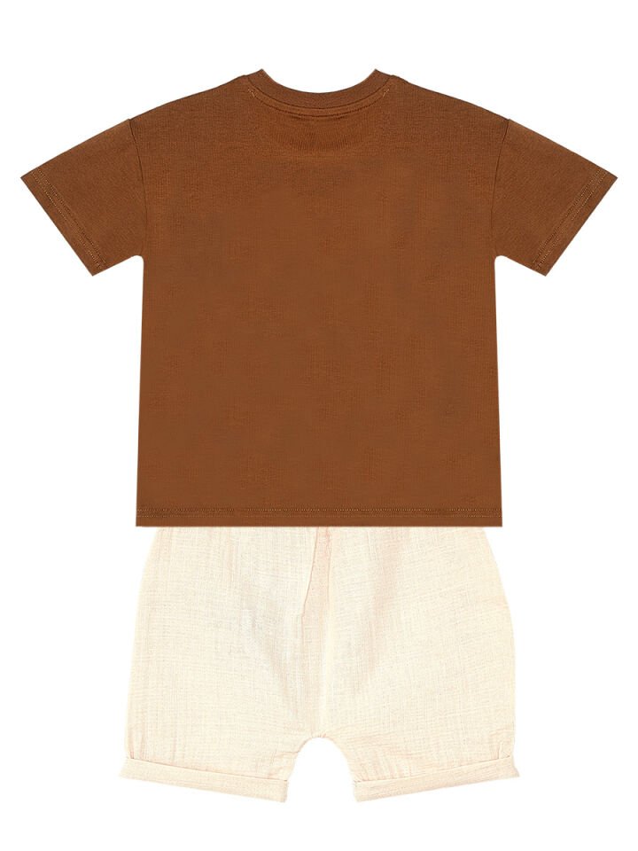 Erkek Bebek Çocuk Müslin Şort T-shirt Takım 24-36 M - Kahverengi, Krem