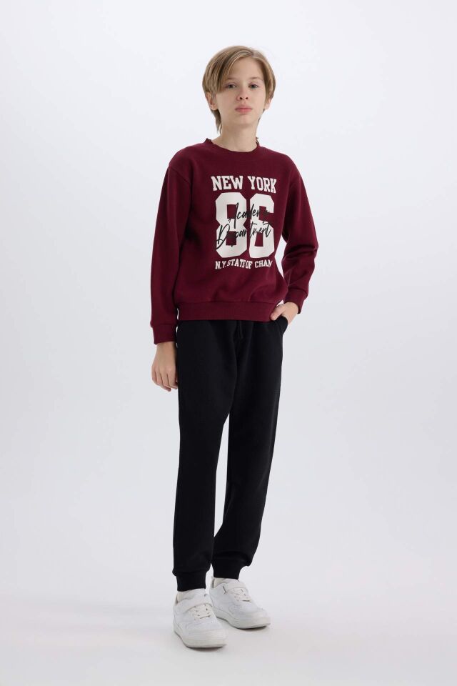 Erkek Çocuk 2'li Takım Bisiklet Yaka Baskılı Kalın Sweatshirt Beli Lastikli Eşofman Altı