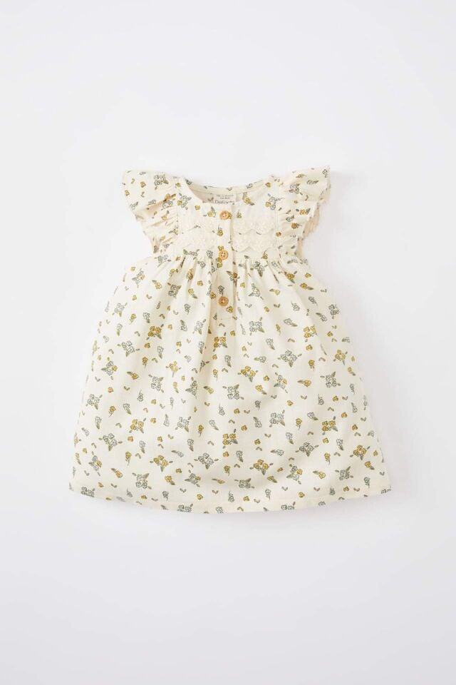Kız Bebek Çiçekli Kolsuz Twill Elbise