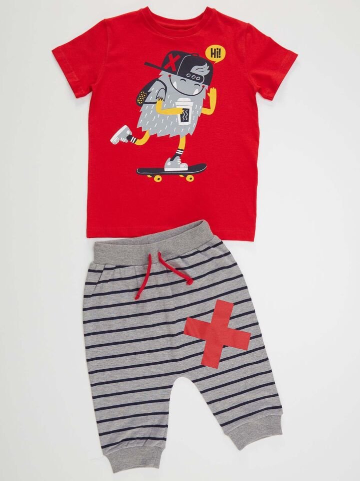 Hi Kaykay Erkek Çocuk T-shirt Kapri Şort Takım 2 Y - Kırmızı, Gri