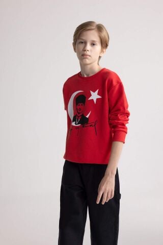 Erkek Çocuk Bisiklet Yaka Atatürk Baskılı Kırmızı Sweatshirt