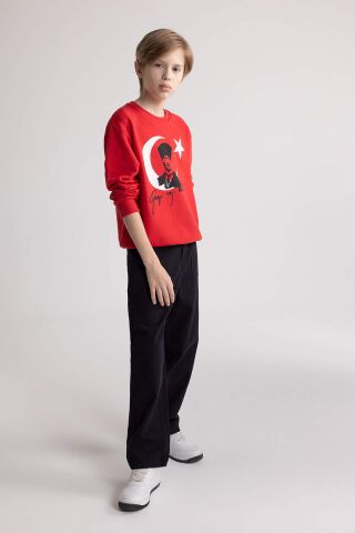 Erkek Çocuk Bisiklet Yaka Atatürk Baskılı Kırmızı Sweatshirt