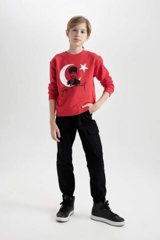 Erkek Çocuk Bisiklet Yaka Atatürk Baskılı Kırmızı Sweatshirt