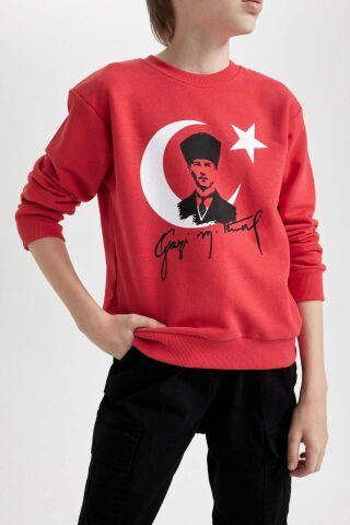 Erkek Çocuk Bisiklet Yaka Atatürk Baskılı Kırmızı Sweatshirt