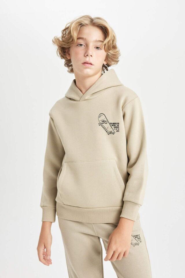Erkek Çocuk Yazı Baskılı Cepli Kapüşonlu Kalın Okul Sweatshirt